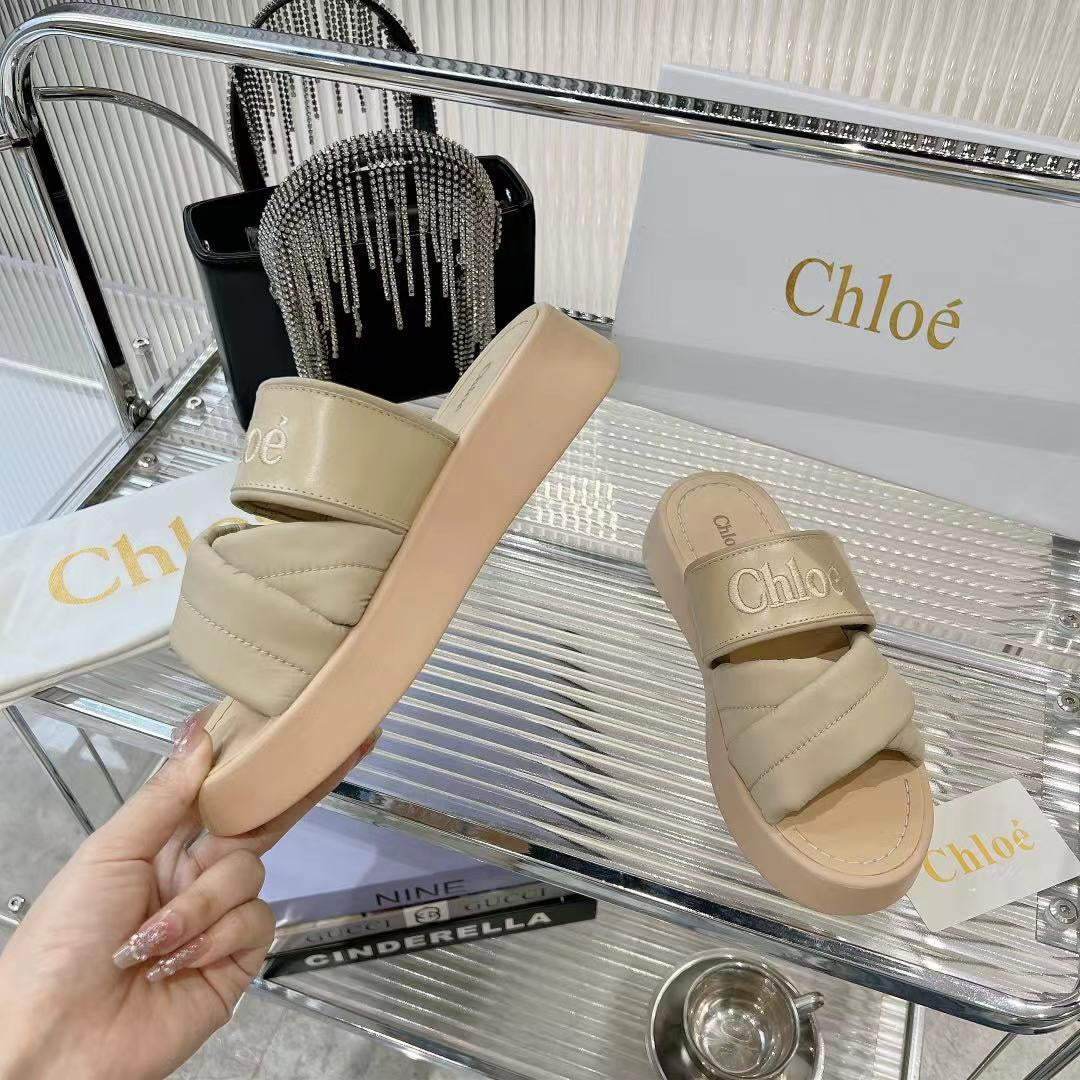 CHLOE MILA FLAT SLIDES 5 CM IN BEIGE EICRU CALFSKIN AND RE-NYLON