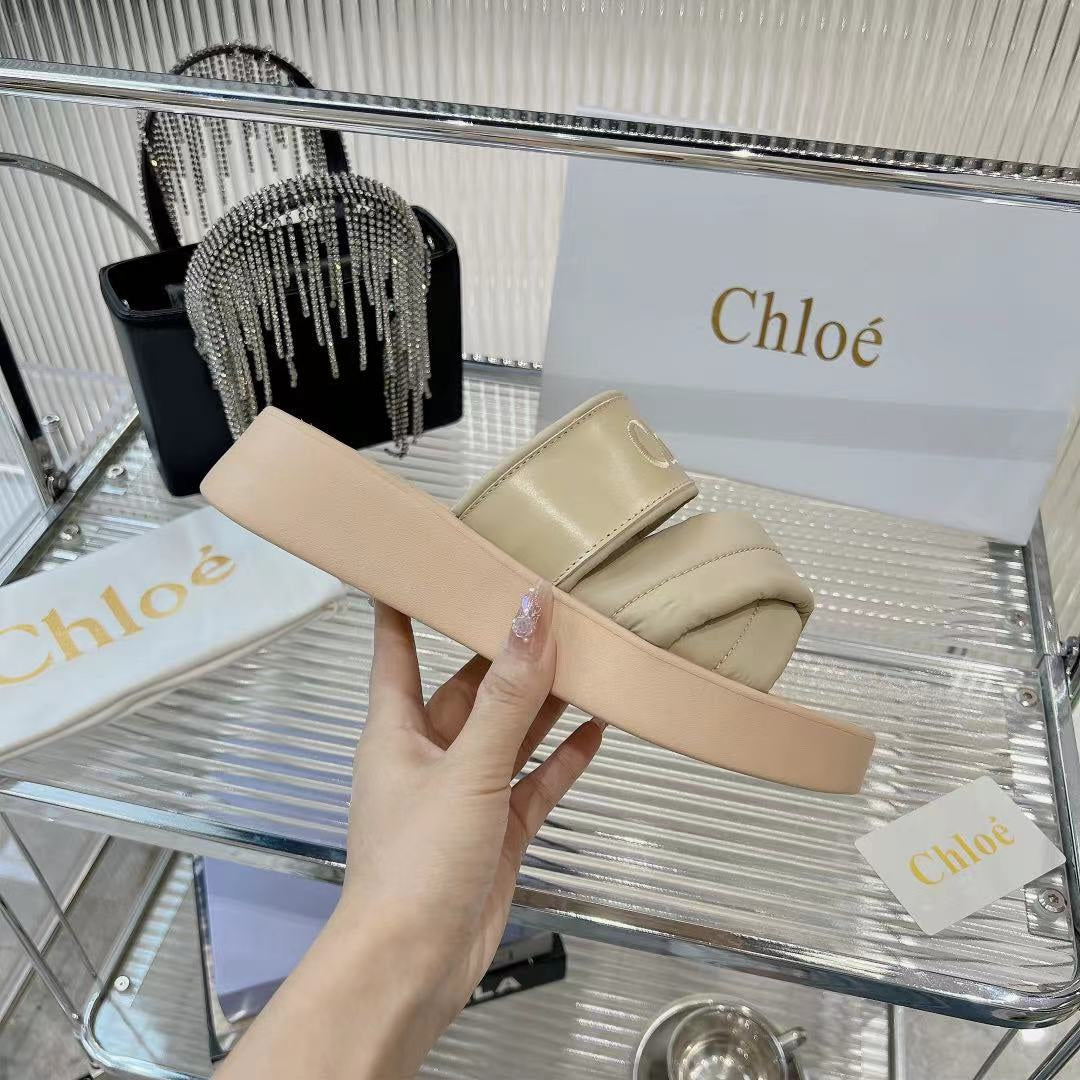 CHLOE MILA FLAT SLIDES 5 CM IN BEIGE EICRU CALFSKIN AND RE-NYLON