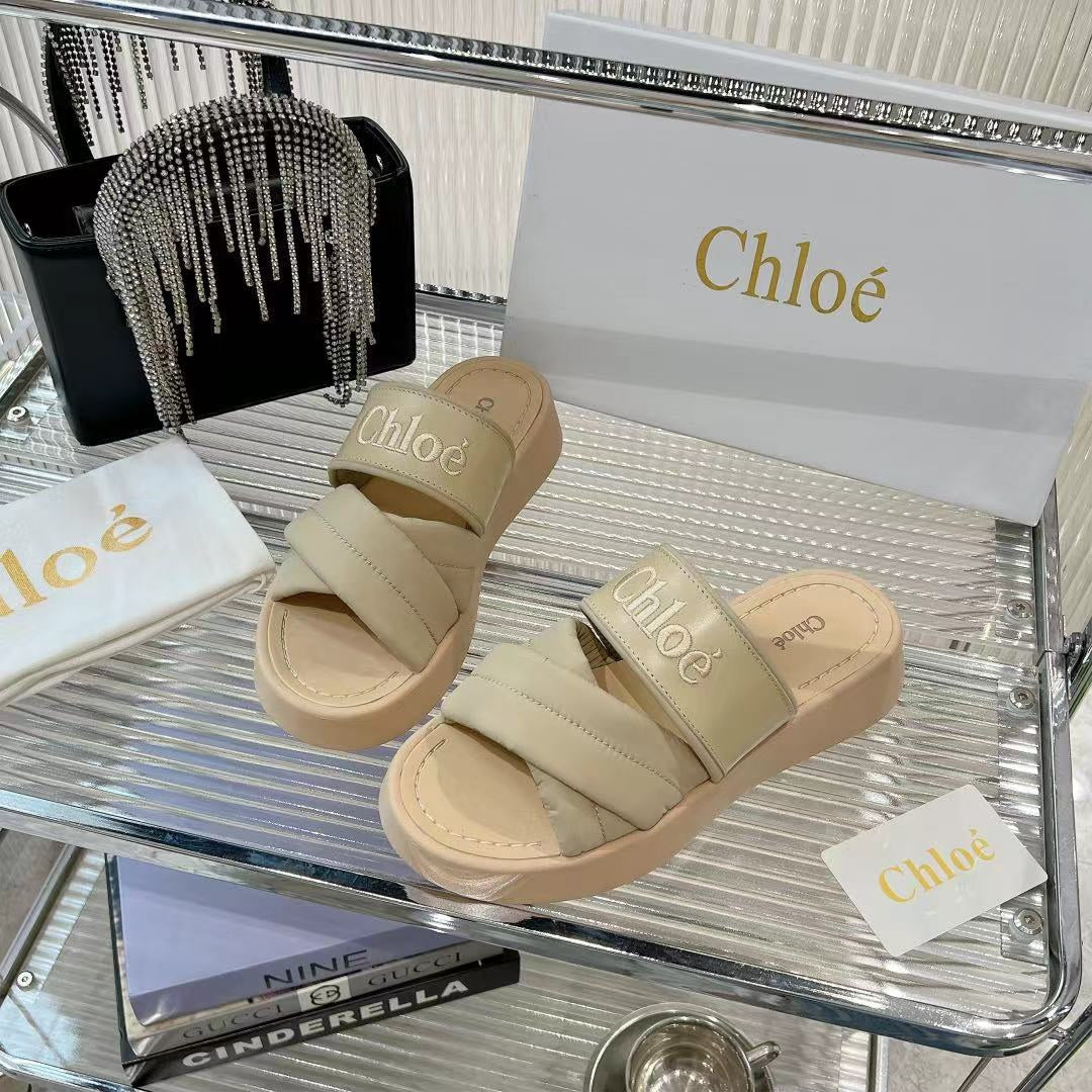 CHLOE MILA FLAT SLIDES 5 CM IN BEIGE EICRU CALFSKIN AND RE-NYLON