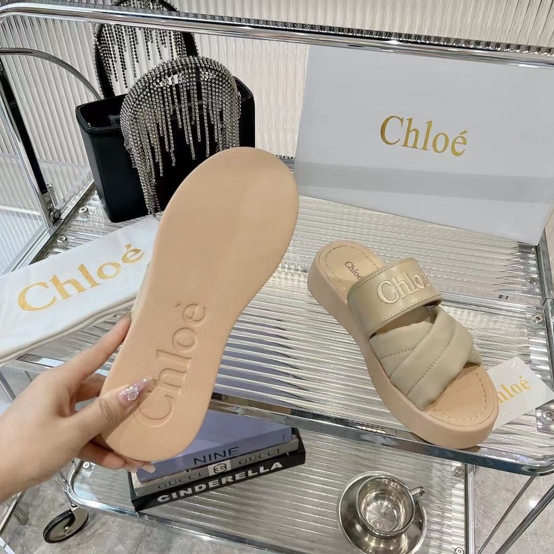 CHLOE MILA FLAT SLIDES 5 CM IN BEIGE EICRU CALFSKIN AND RE-NYLON