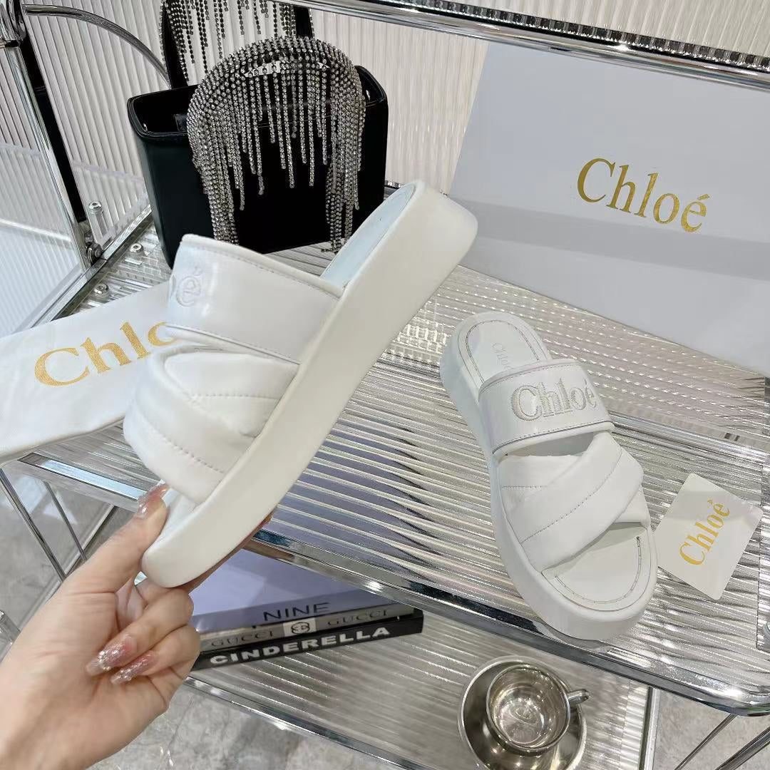 CHLOE MILA FLAT SLIDES 5 CM IN WHITE CALFSKIN AND RE-NYLON