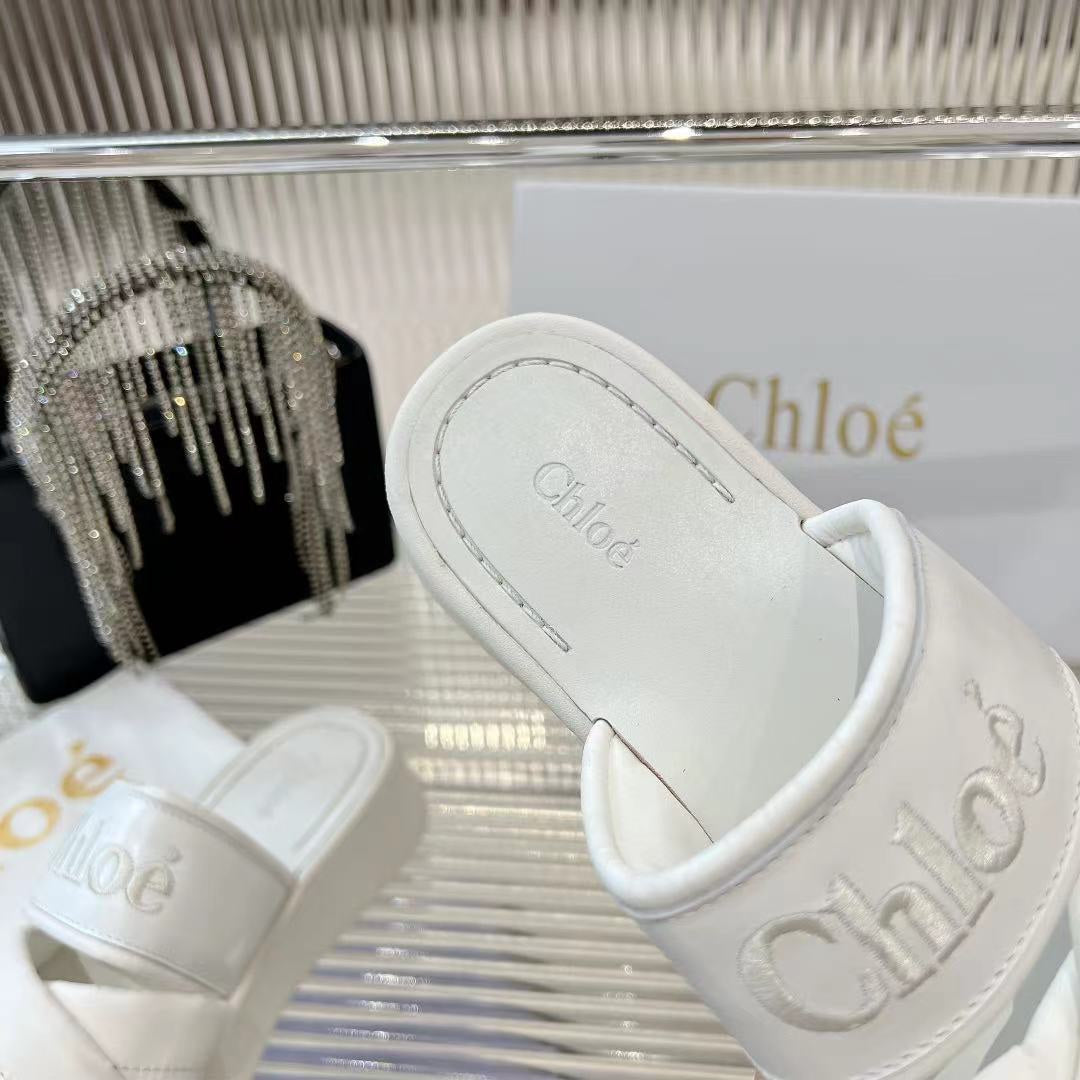 CHLOE MILA FLAT SLIDES 5 CM IN WHITE CALFSKIN AND RE-NYLON