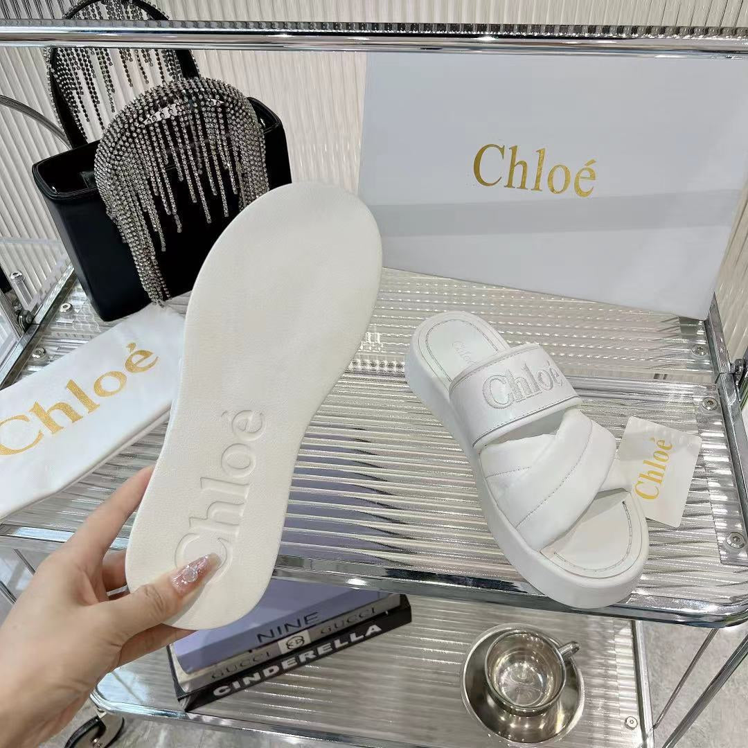 CHLOE MILA FLAT SLIDES 5 CM IN WHITE CALFSKIN AND RE-NYLON