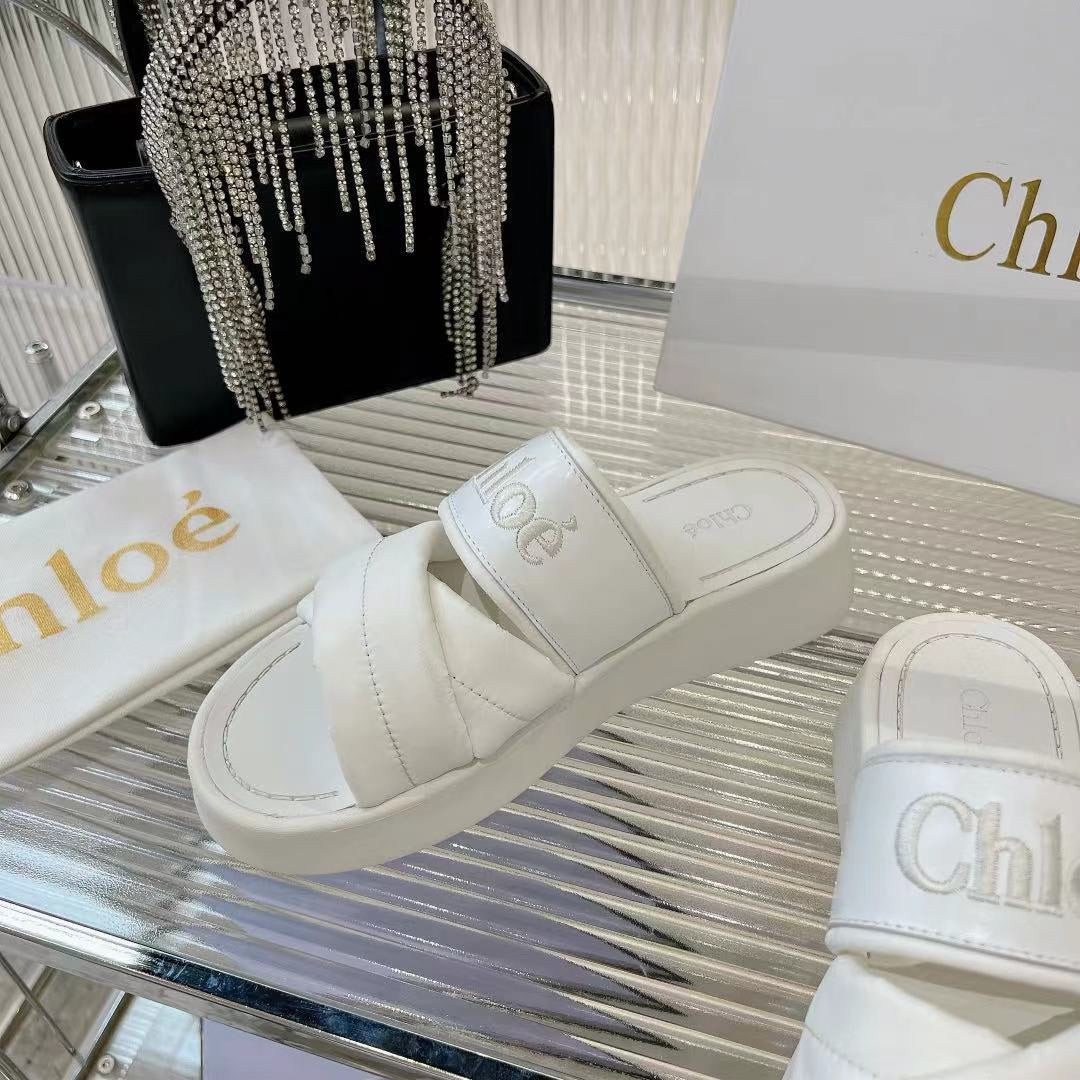 CHLOE MILA FLAT SLIDES 5 CM IN WHITE CALFSKIN AND RE-NYLON