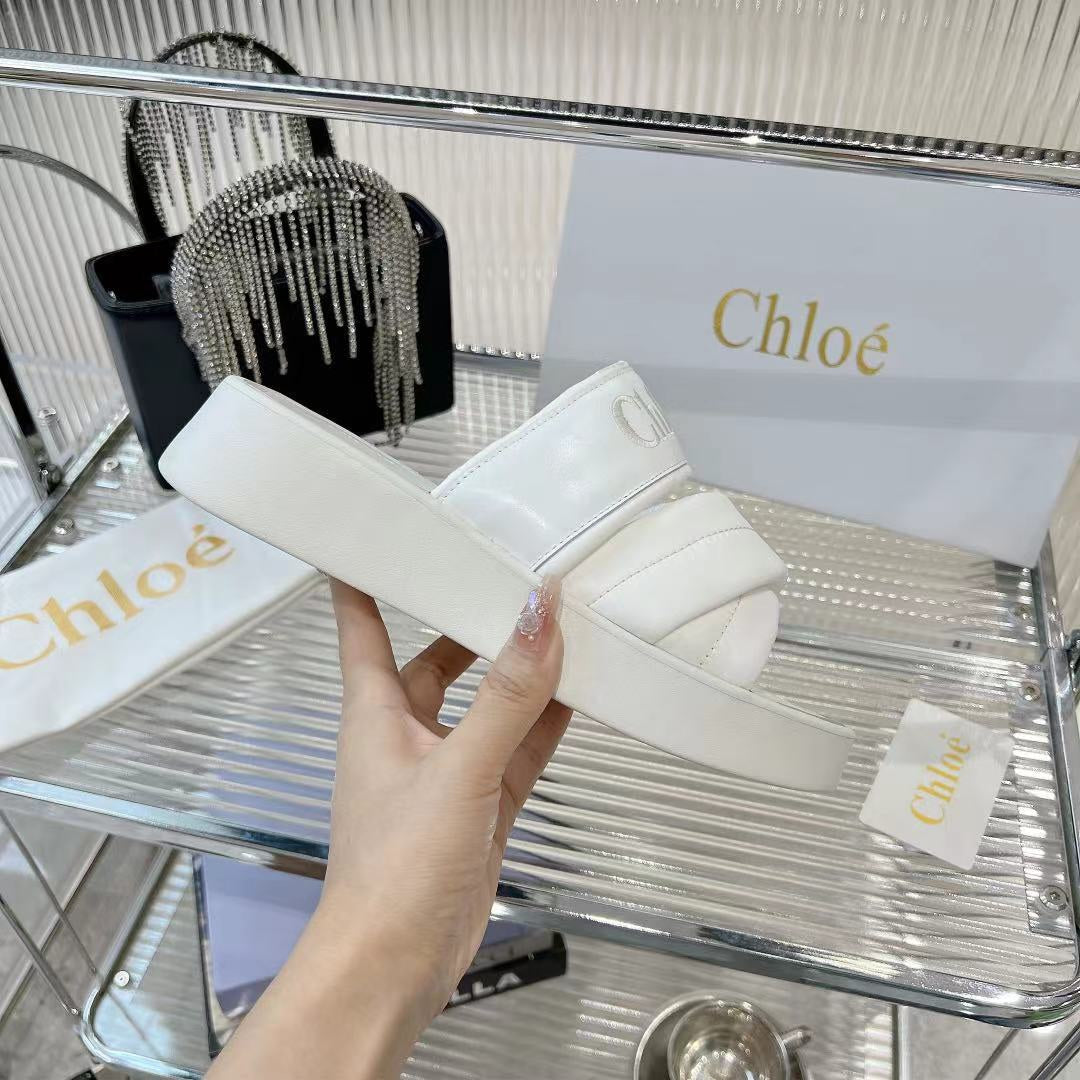CHLOE MILA FLAT SLIDES 5 CM IN WHITE CALFSKIN AND RE-NYLON