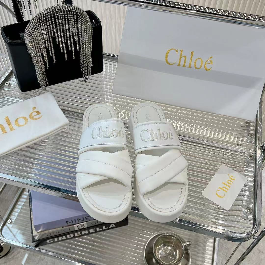 CHLOE MILA FLAT SLIDES 5 CM IN WHITE CALFSKIN AND RE-NYLON