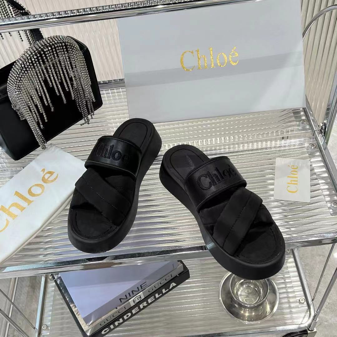 CHLOE MILA FLAT SLIDES 5 CM IN BLACK CALFSKIN AND RE-NYLON