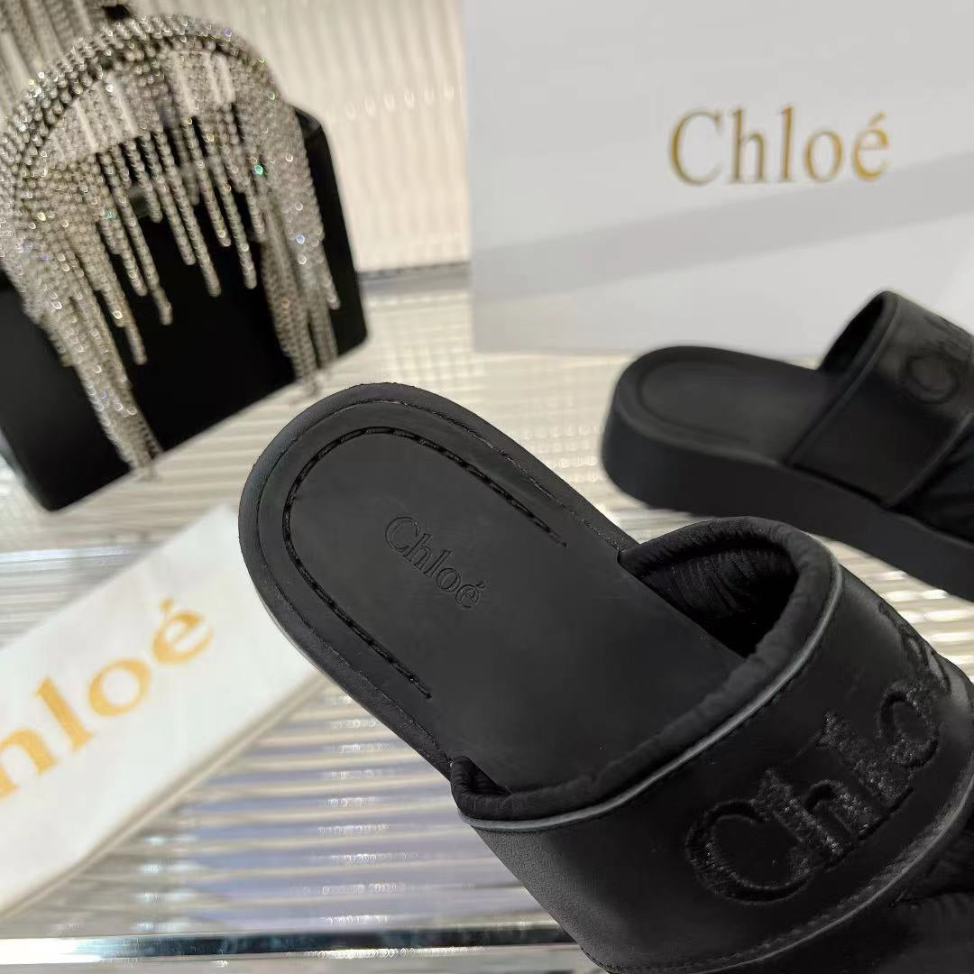 CHLOE MILA FLAT SLIDES 5 CM IN BLACK CALFSKIN AND RE-NYLON