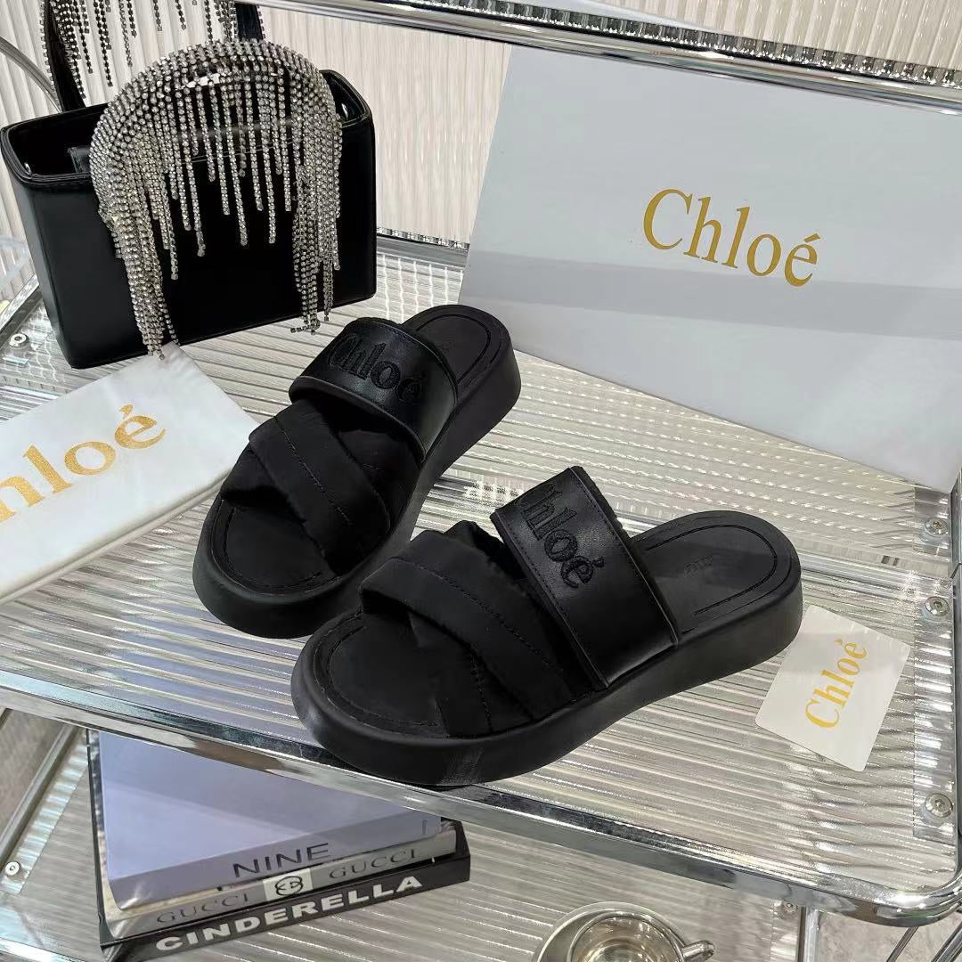 CHLOE MILA FLAT SLIDES 5 CM IN BLACK CALFSKIN AND RE-NYLON