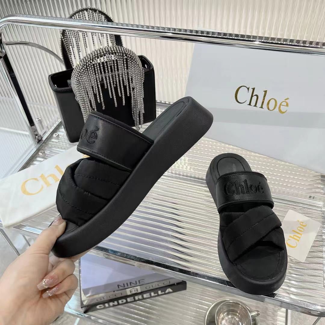 CHLOE MILA FLAT SLIDES 5 CM IN BLACK CALFSKIN AND RE-NYLON