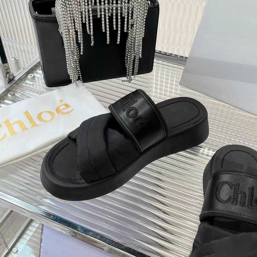 CHLOE MILA FLAT SLIDES 5 CM IN BLACK CALFSKIN AND RE-NYLON