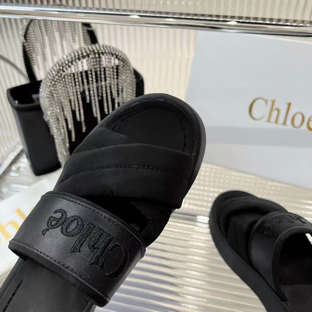 CHLOE MILA FLAT SLIDES 5 CM IN BLACK CALFSKIN AND RE-NYLON