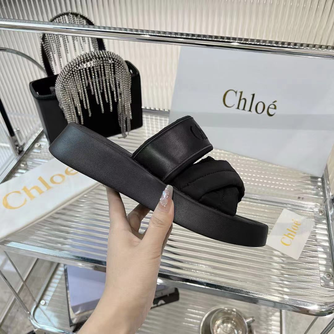 CHLOE MILA FLAT SLIDES 5 CM IN BLACK CALFSKIN AND RE-NYLON