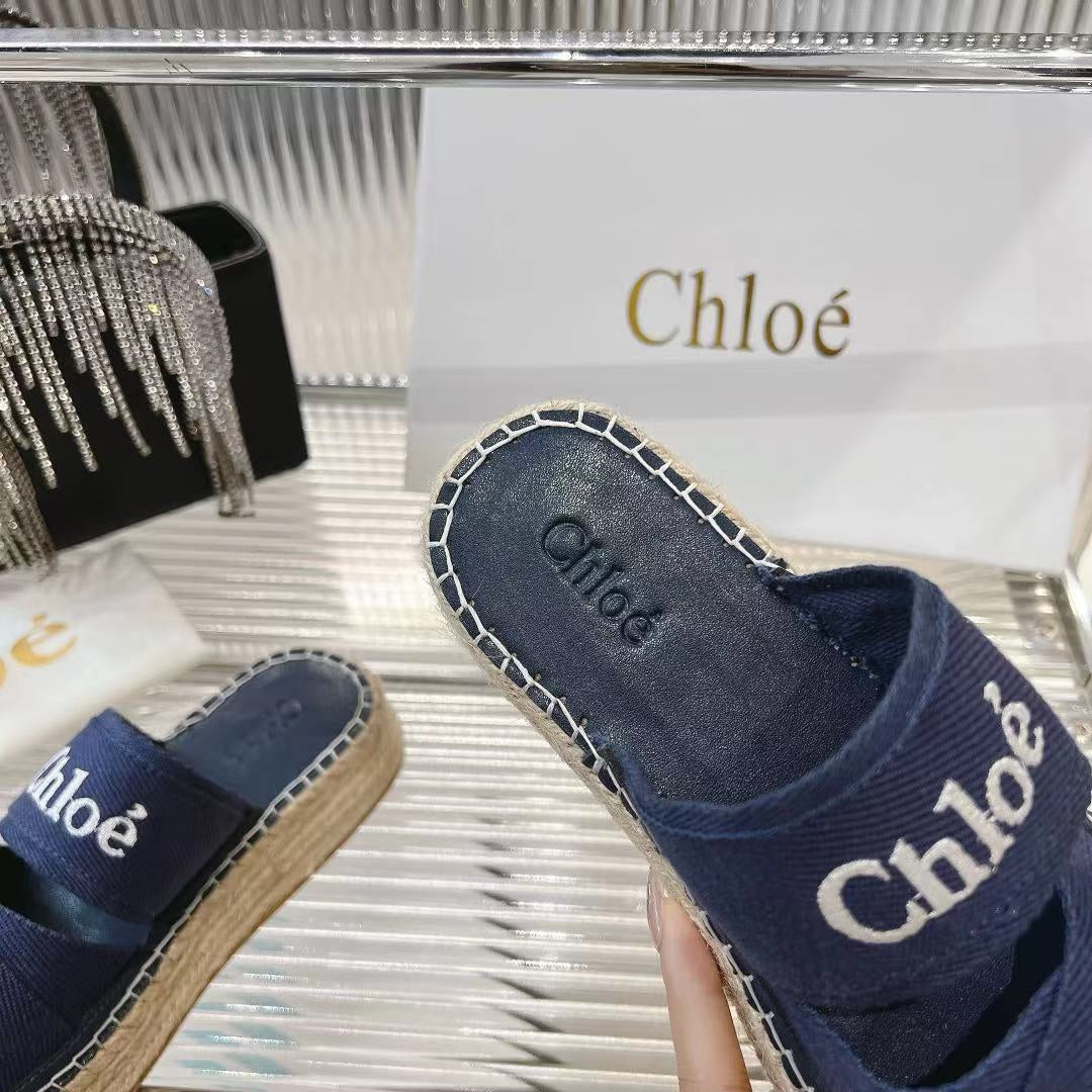 CHLOE MILA PLATFORM 5 CM IN NAVY BLUE FABRIC AND BEIGE RAFFIA