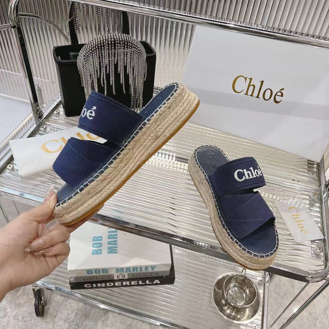 CHLOE MILA PLATFORM 5 CM IN NAVY BLUE FABRIC AND BEIGE RAFFIA