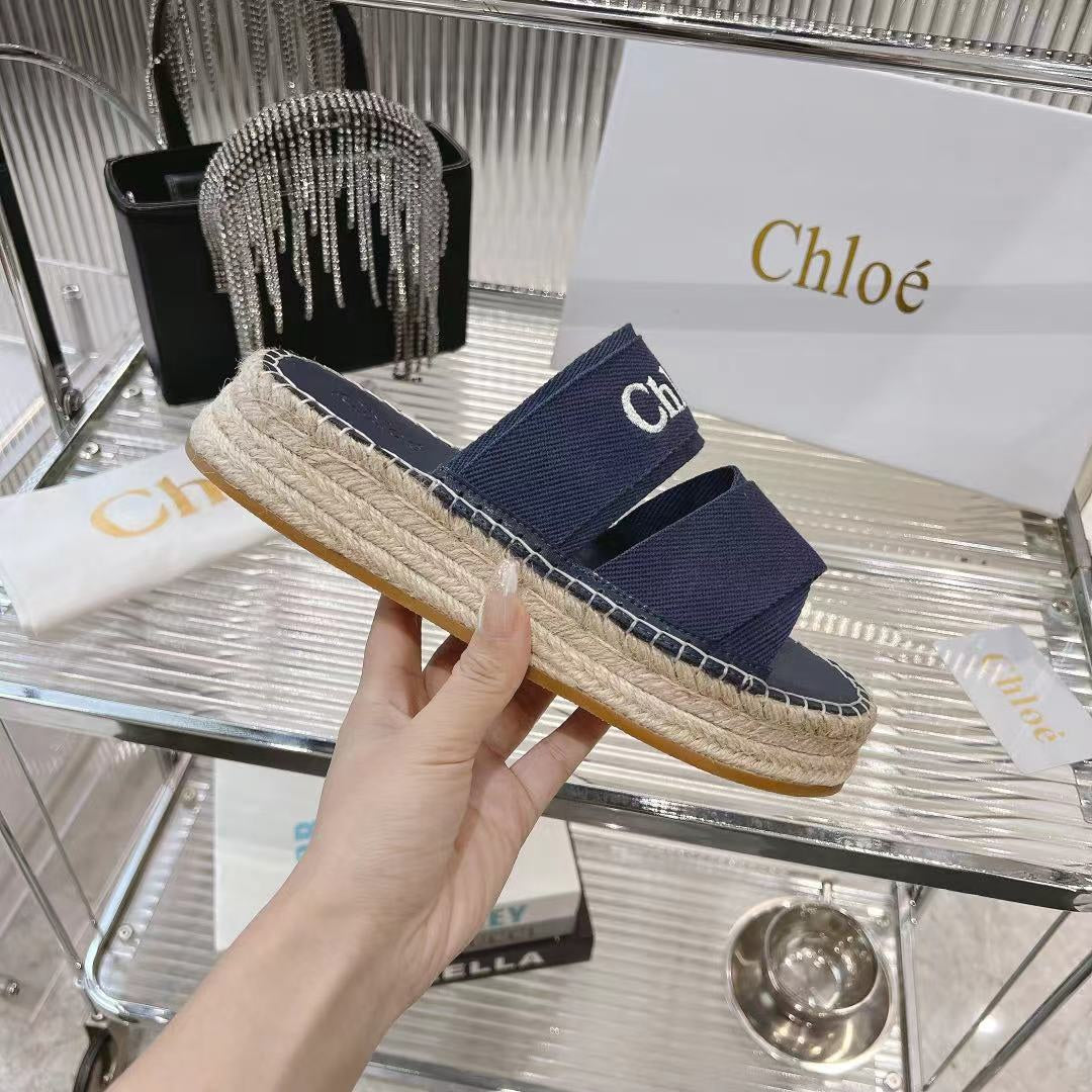 CHLOE MILA PLATFORM 5 CM IN NAVY BLUE FABRIC AND BEIGE RAFFIA