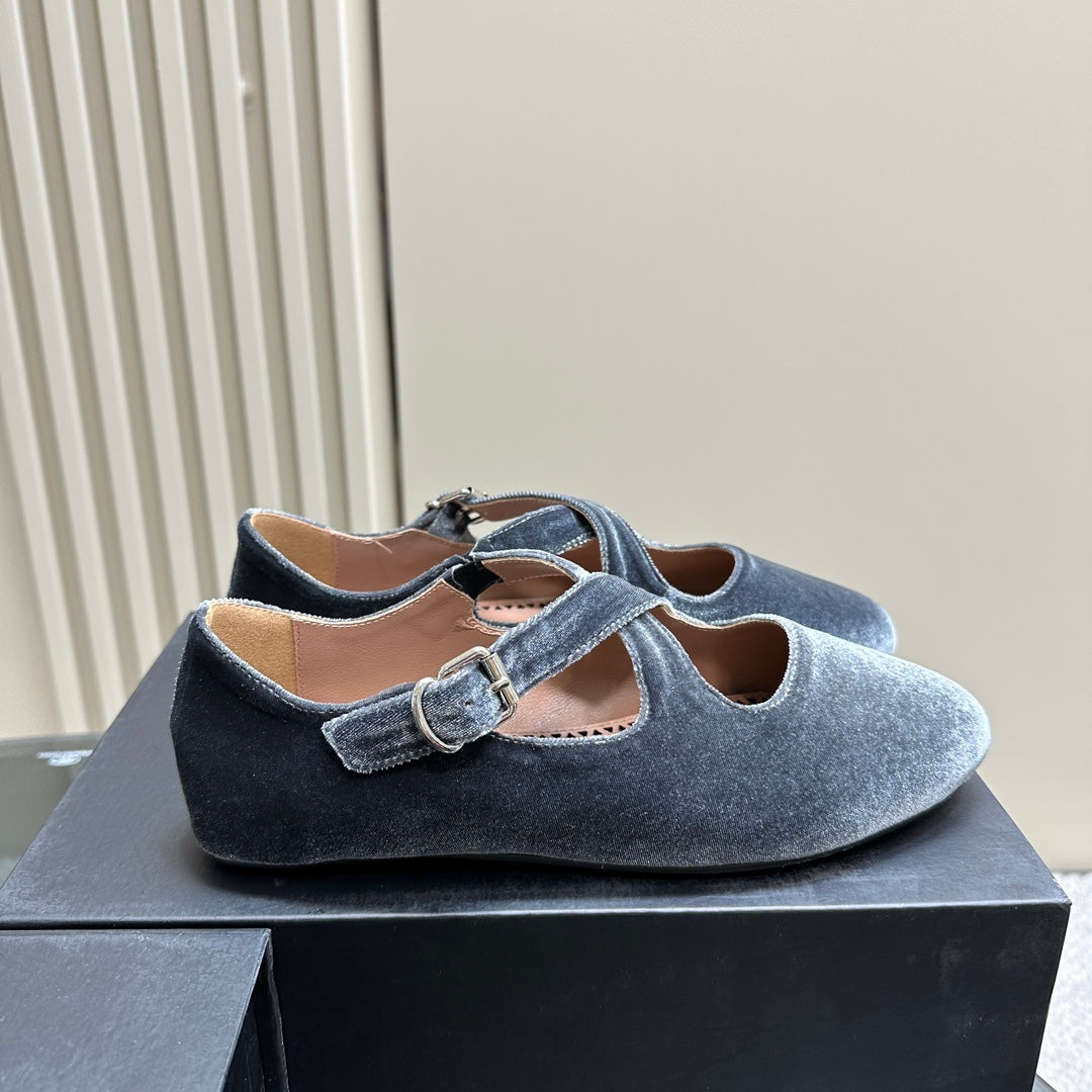 Alaila Criss Cross Ballet Flats In Dark Grey Velvet  920785