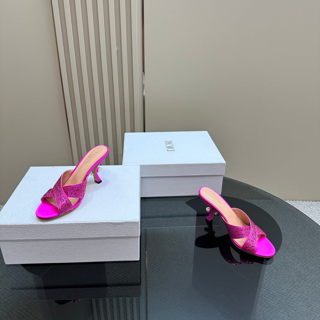 CD Tribales Heeled Slide 80mm Dark Pink Lambskin And Studded With Stones