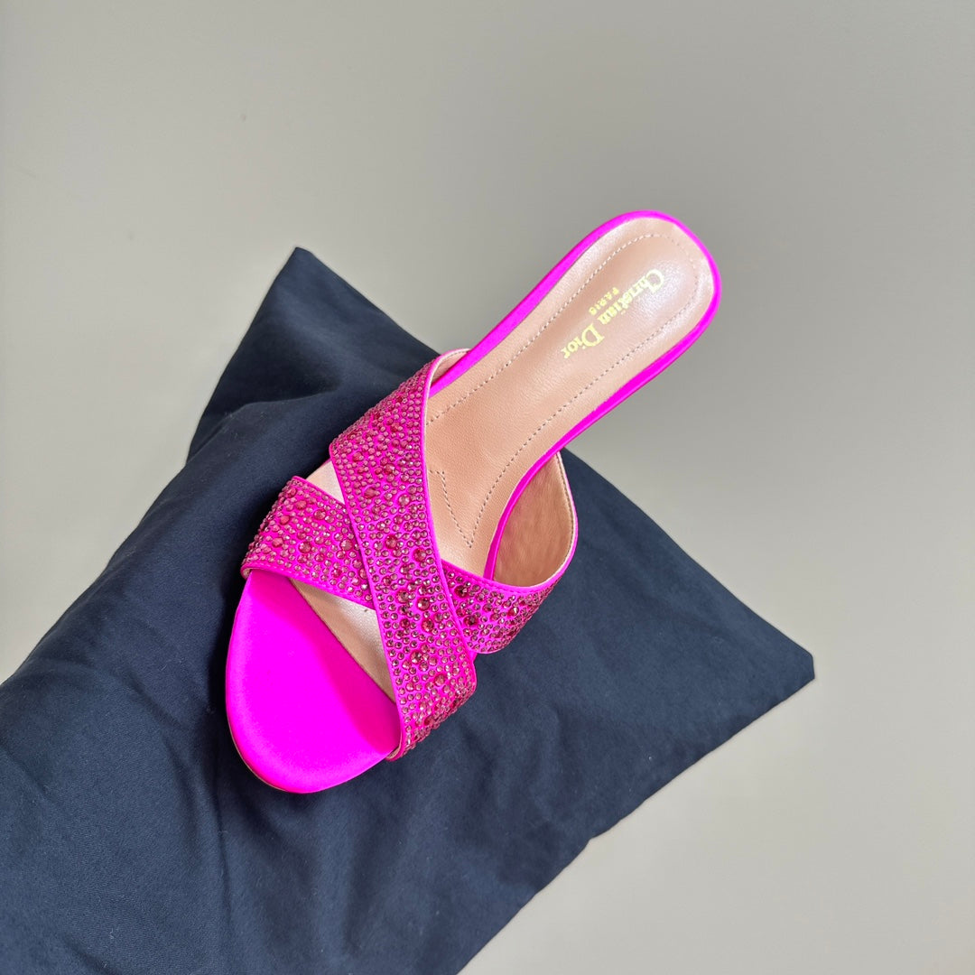 CD Tribales Heeled Slide 80mm Dark Pink Lambskin And Studded With Stones