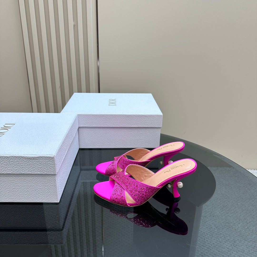 CD Tribales Heeled Slide 80mm Dark Pink Lambskin And Studded With Stones