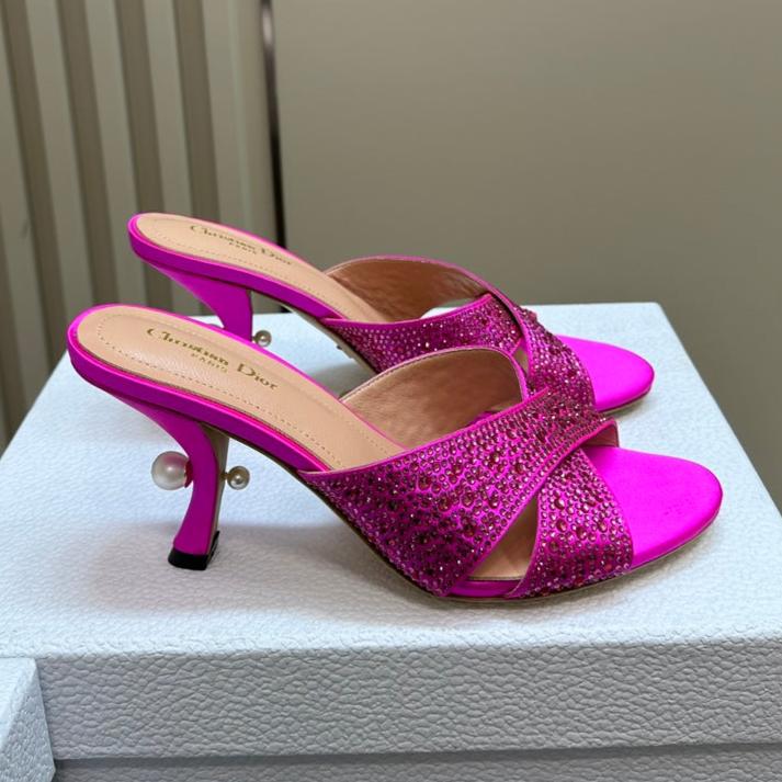 CD Tribales Heeled Slide 80mm Dark Pink Lambskin And Studded With Stones