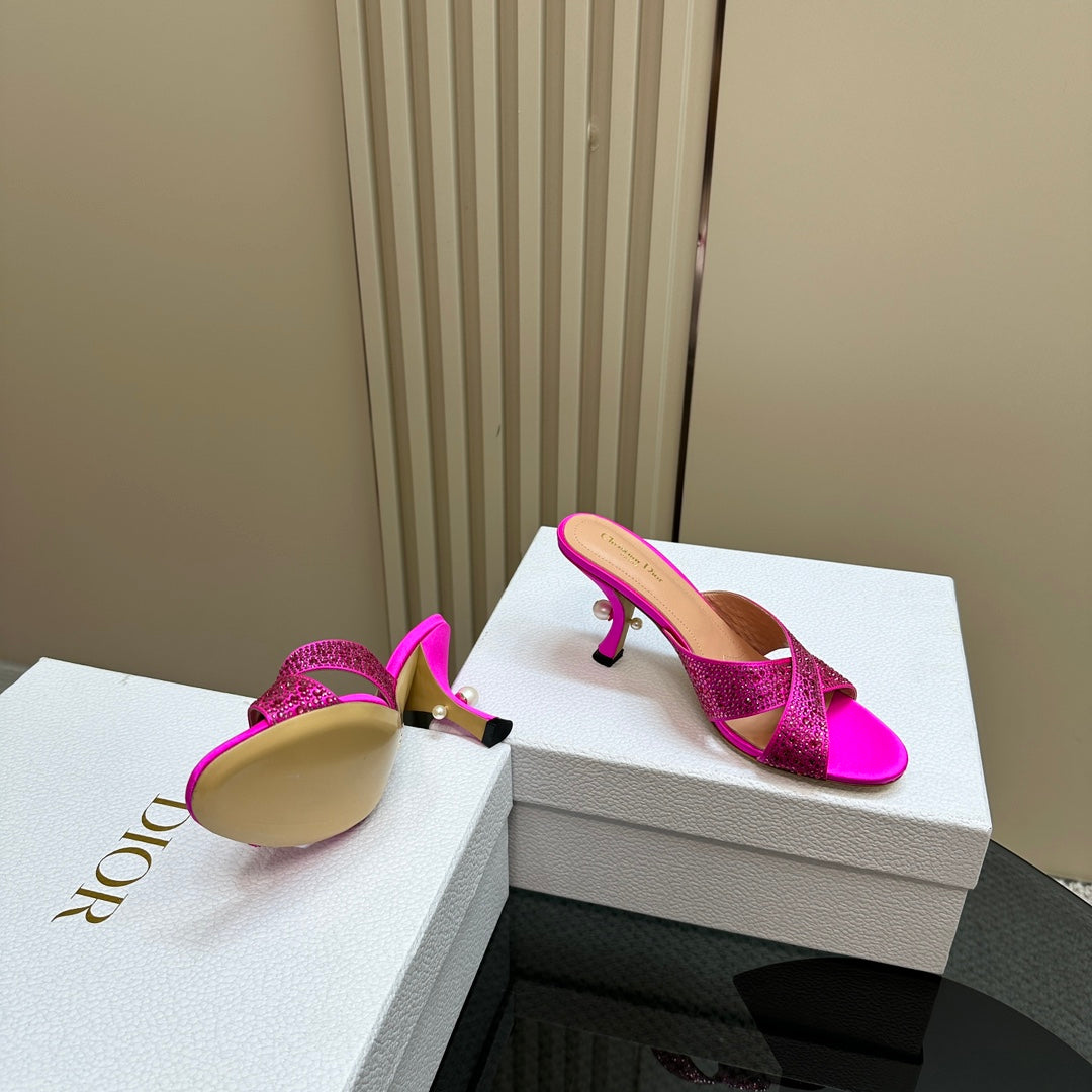 CD Tribales Heeled Slide 80mm Dark Pink Lambskin And Studded With Stones