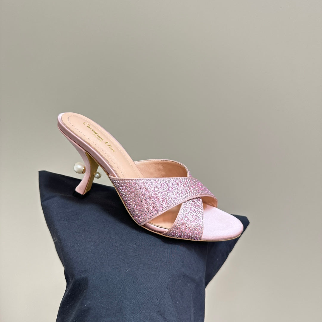 CD Tribales Heeled Slide 80mm Light Pink Lambskin And Studded With Stones