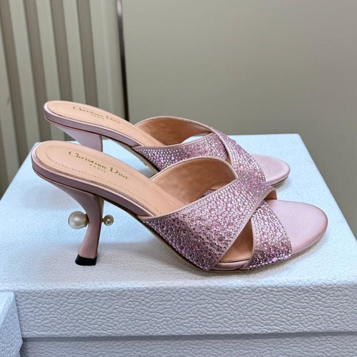 CD Tribales Heeled Slide 80mm Light Pink Lambskin And Studded With Stones