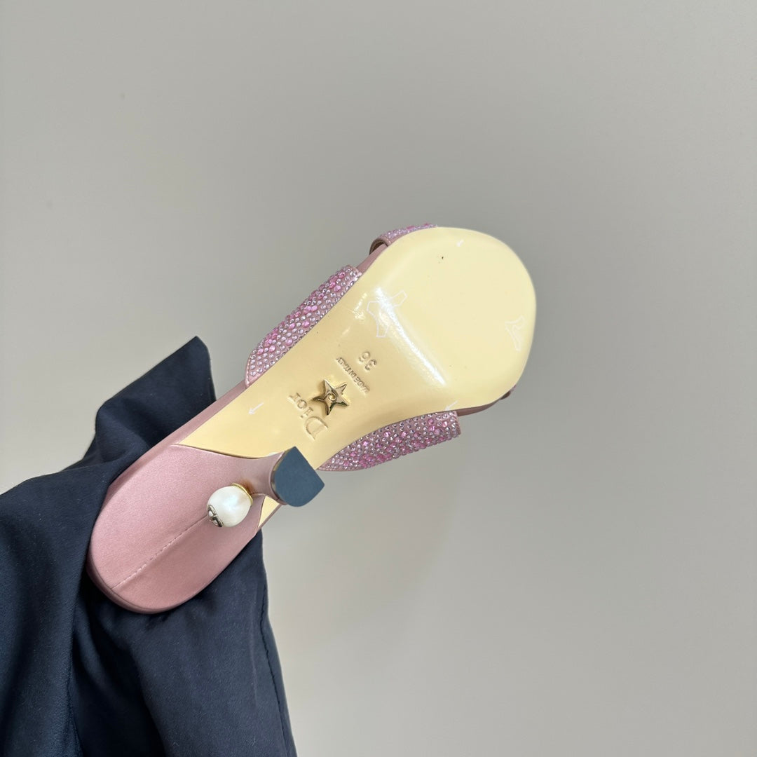 CD Tribales Heeled Slide 80mm Light Pink Lambskin And Studded With Stones