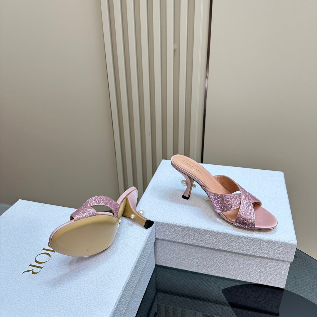 CD Tribales Heeled Slide 80mm Light Pink Lambskin And Studded With Stones