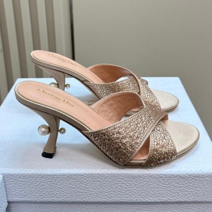 CD Tribales Heeled Slide 80mm Beige Lambskin And Studded With Stones