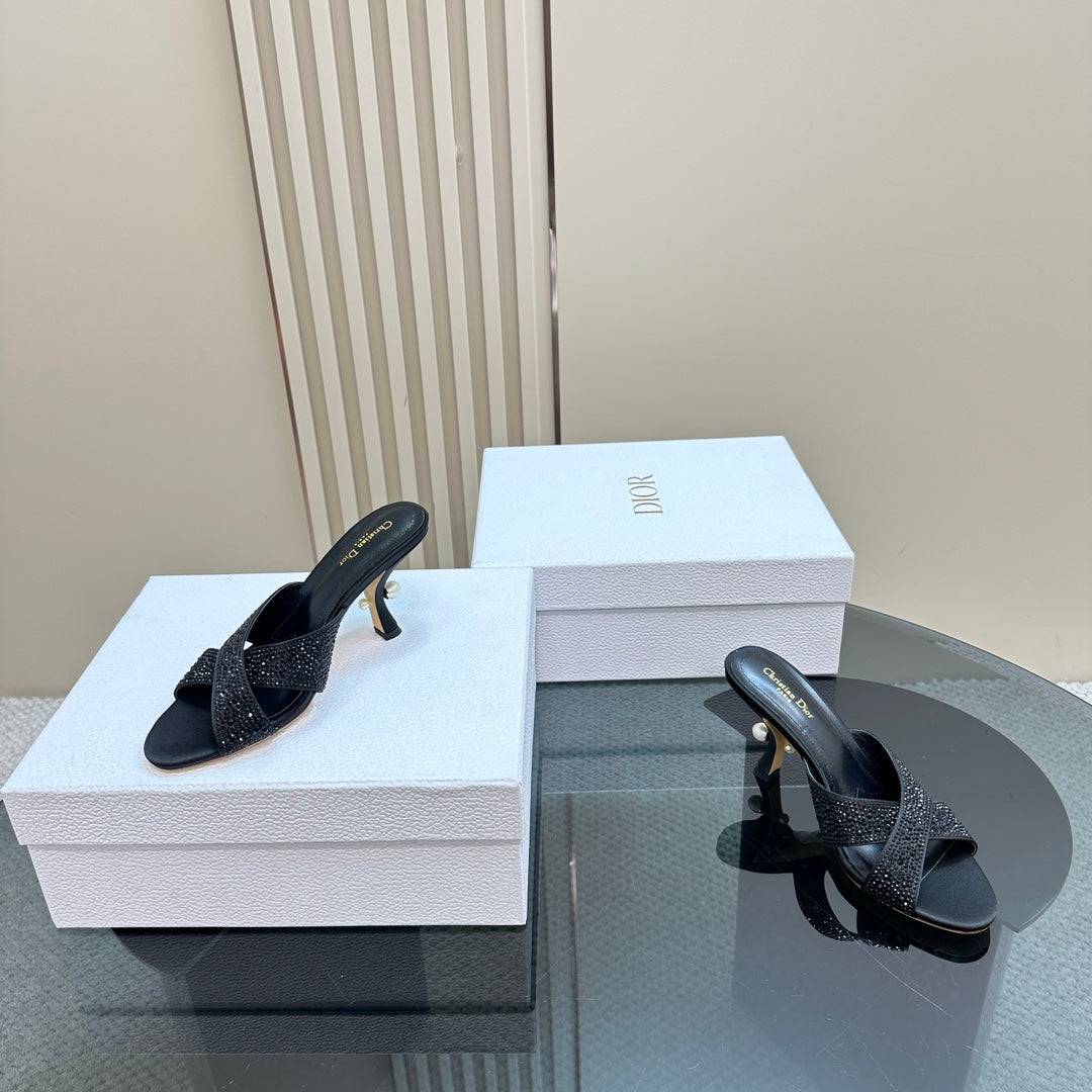 CD Tribales Heeled Slide 80mm Black Lambskin And Studded With Stones