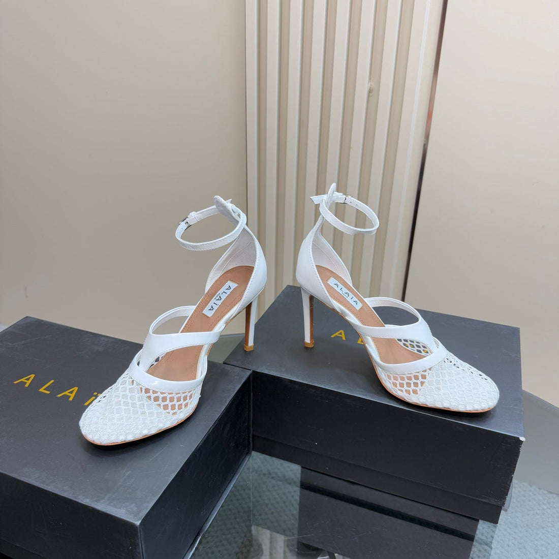 Alaia Fishnet Thong Heels Sandals White Lambskin 299659