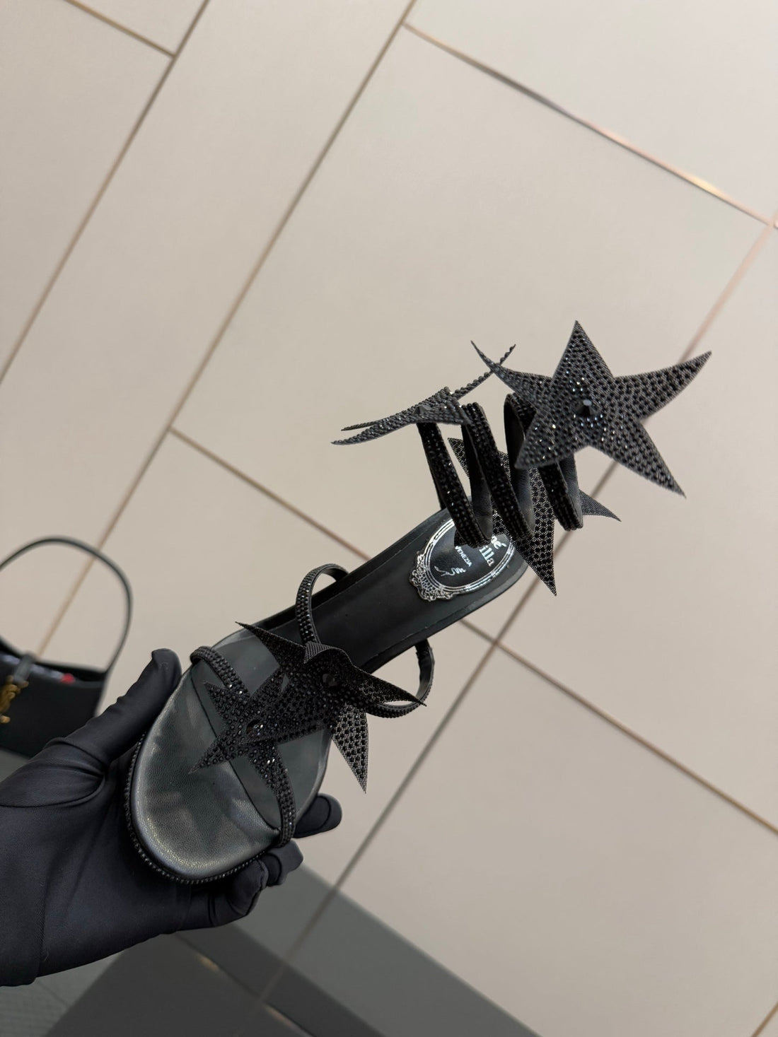RC Sandals 9.5cm Black Rhinestone Silk 302581