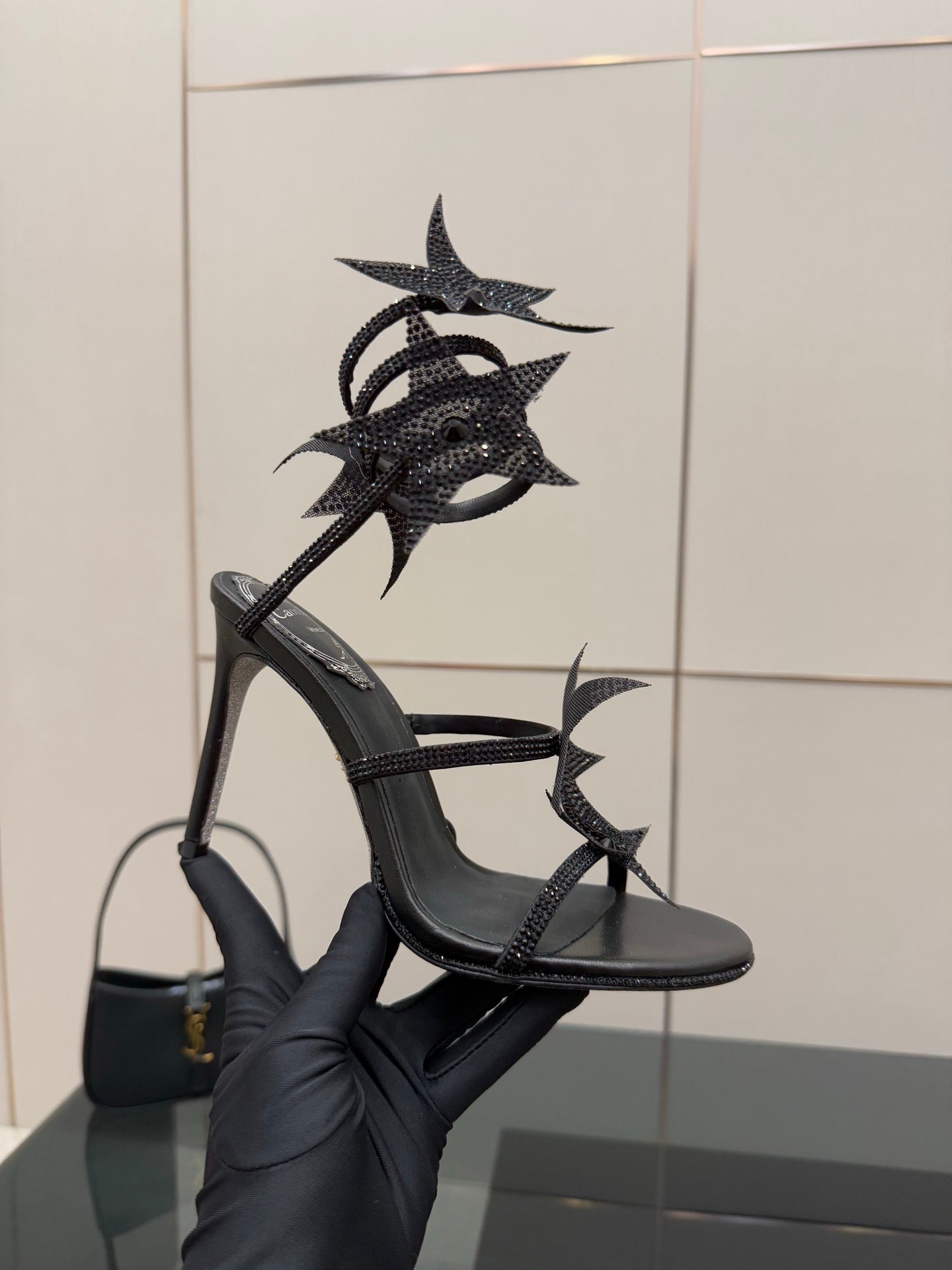 RC Sandals 9.5cm Black Rhinestone Silk 302581