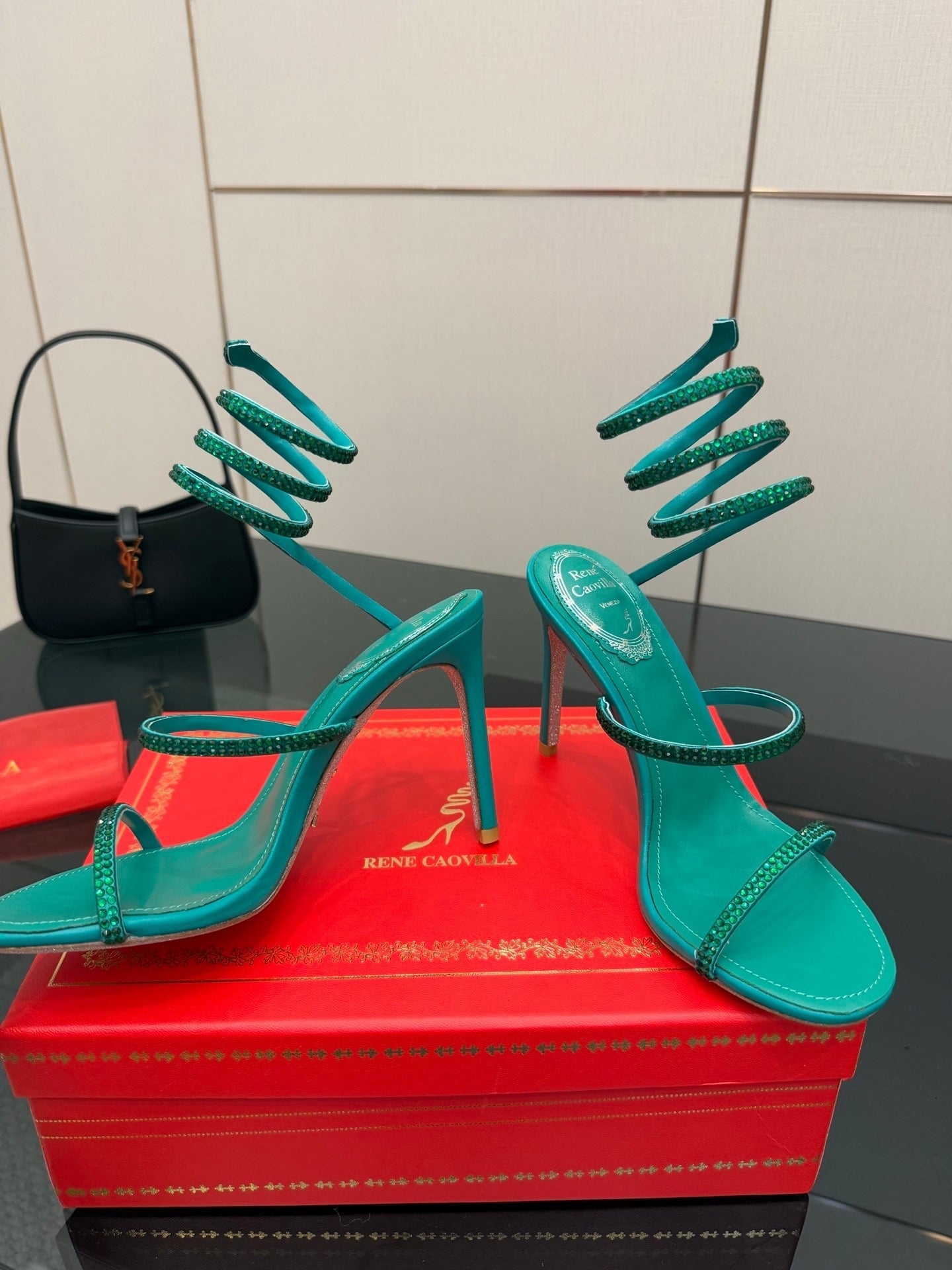 RC Sandals 9.5cm Dark Green Silk Creole Crystal Diamond 302608