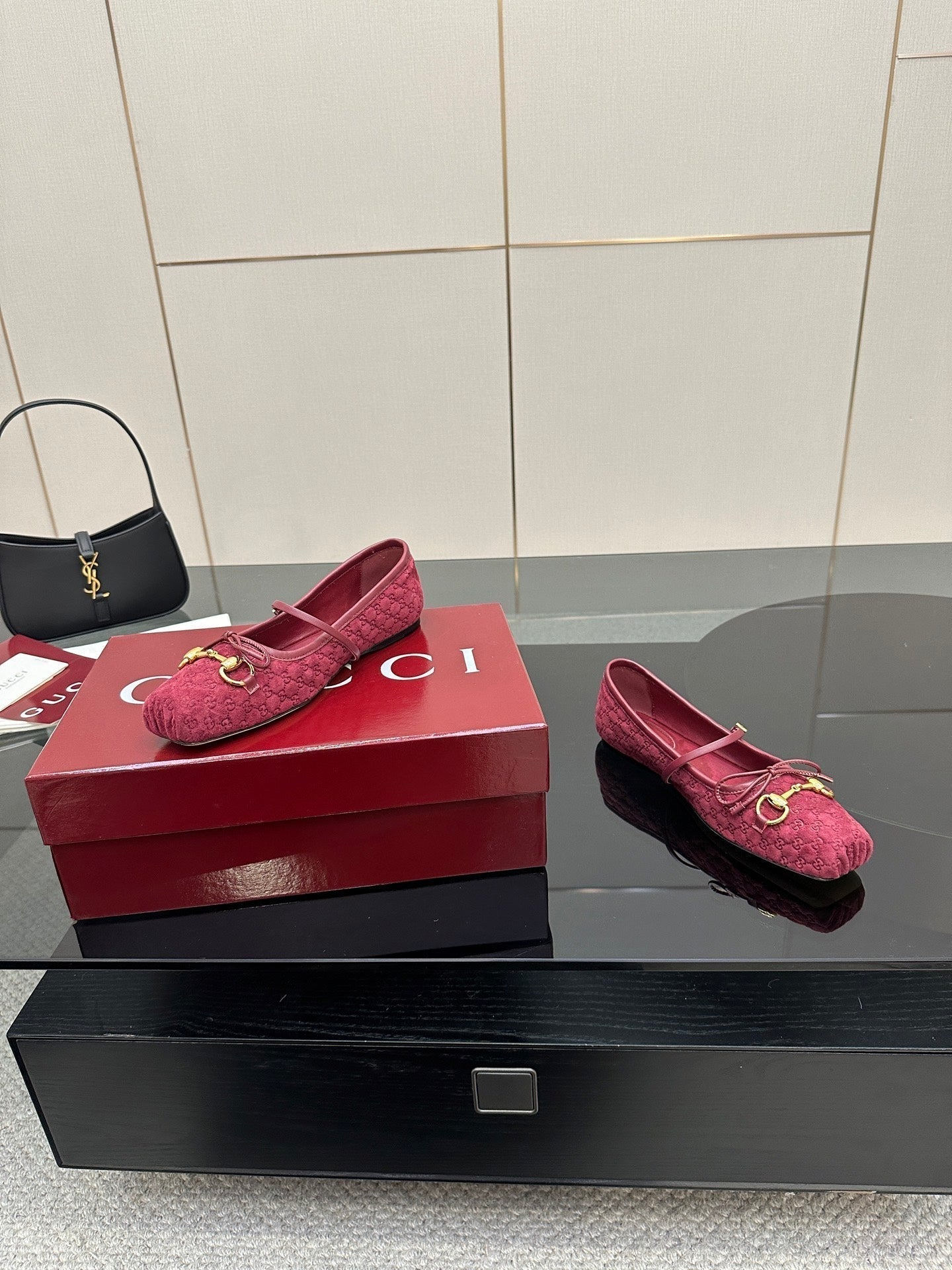 GC 25 Horsebit Ballet Flat Dark Red Monogram Suede