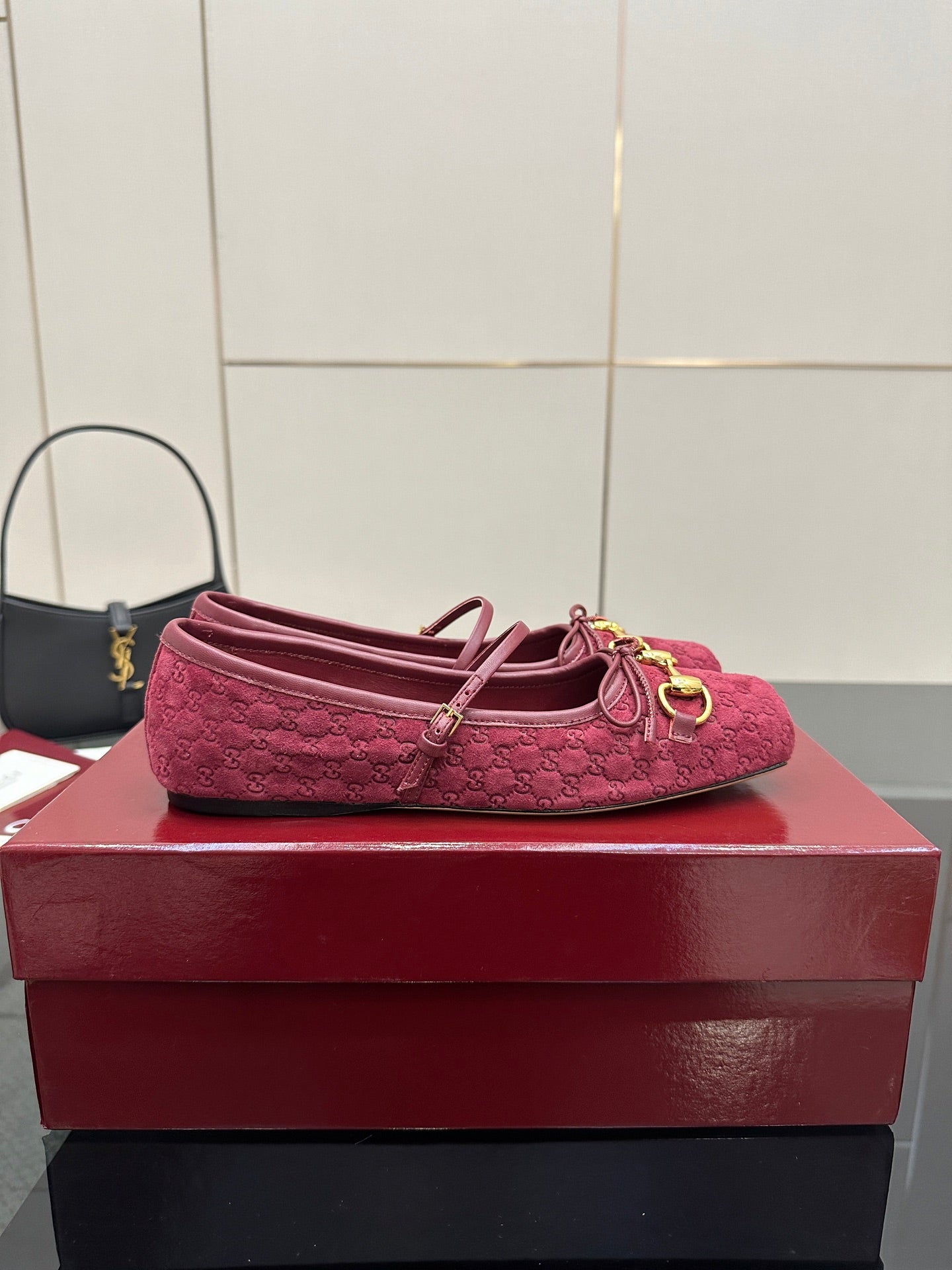 GC 25 Horsebit Ballet Flat Dark Red Monogram Suede