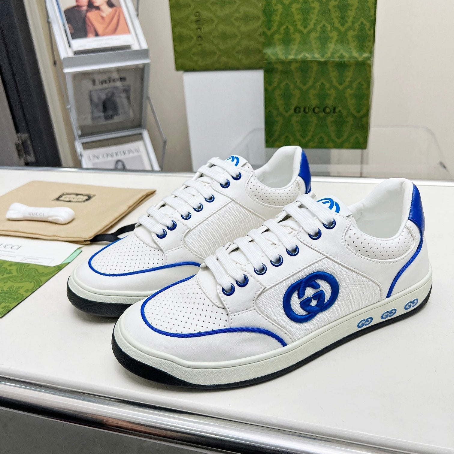 GG Men's Mac80 Sneaker White Blue Cowhide 539528