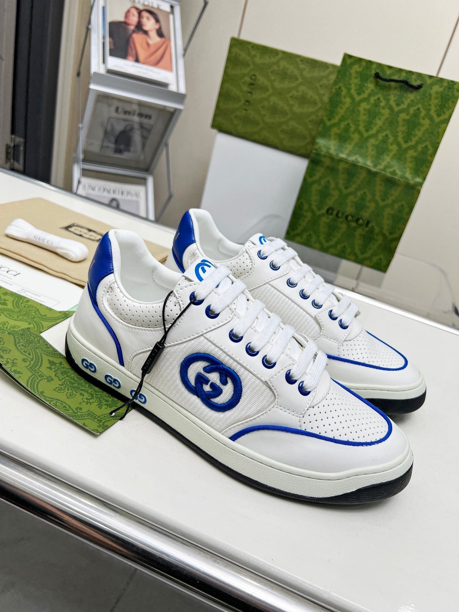 GG Men's Mac80 Sneaker White Blue Cowhide 539528