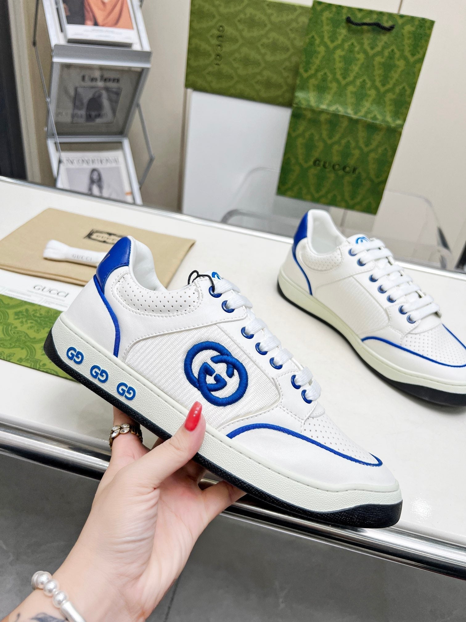 GG Men's Mac80 Sneaker White Blue Cowhide 539528