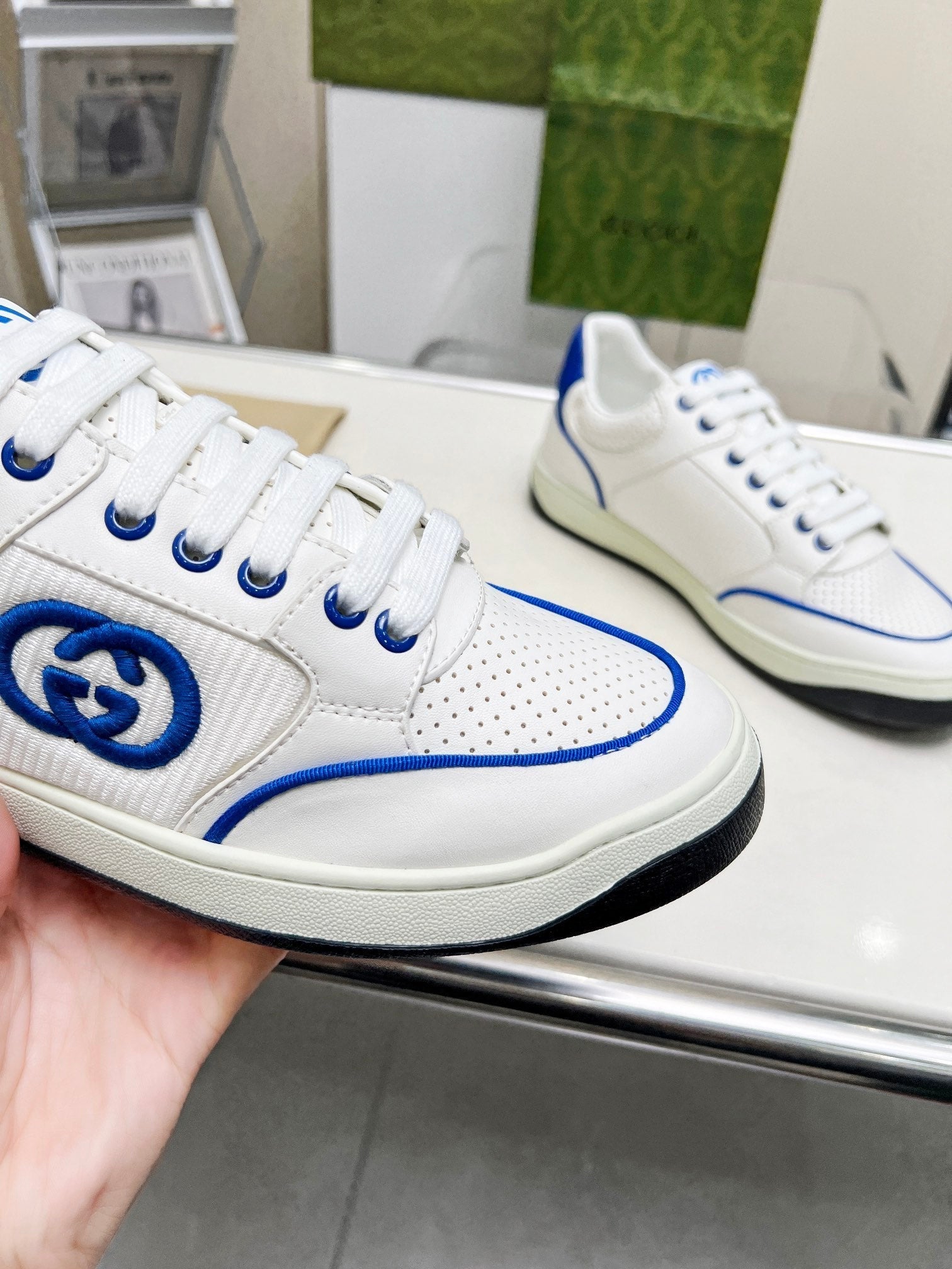 GG Men's Mac80 Sneaker White Blue Cowhide 539528