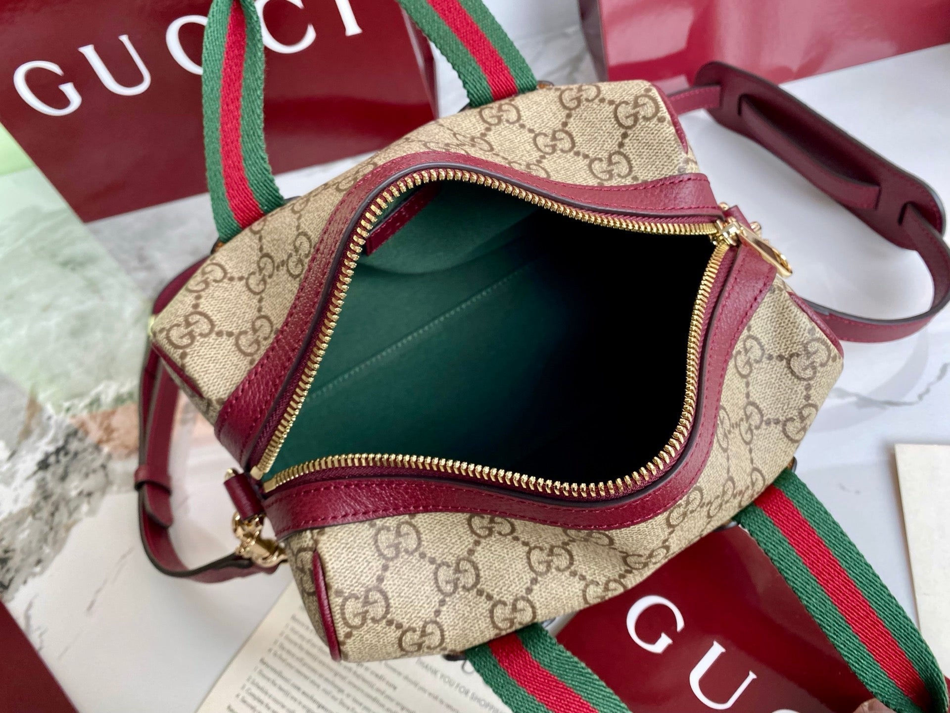 Gucci 25 GG Handbag Beige mix Rosso Ancora Red Canvas Leather 286710