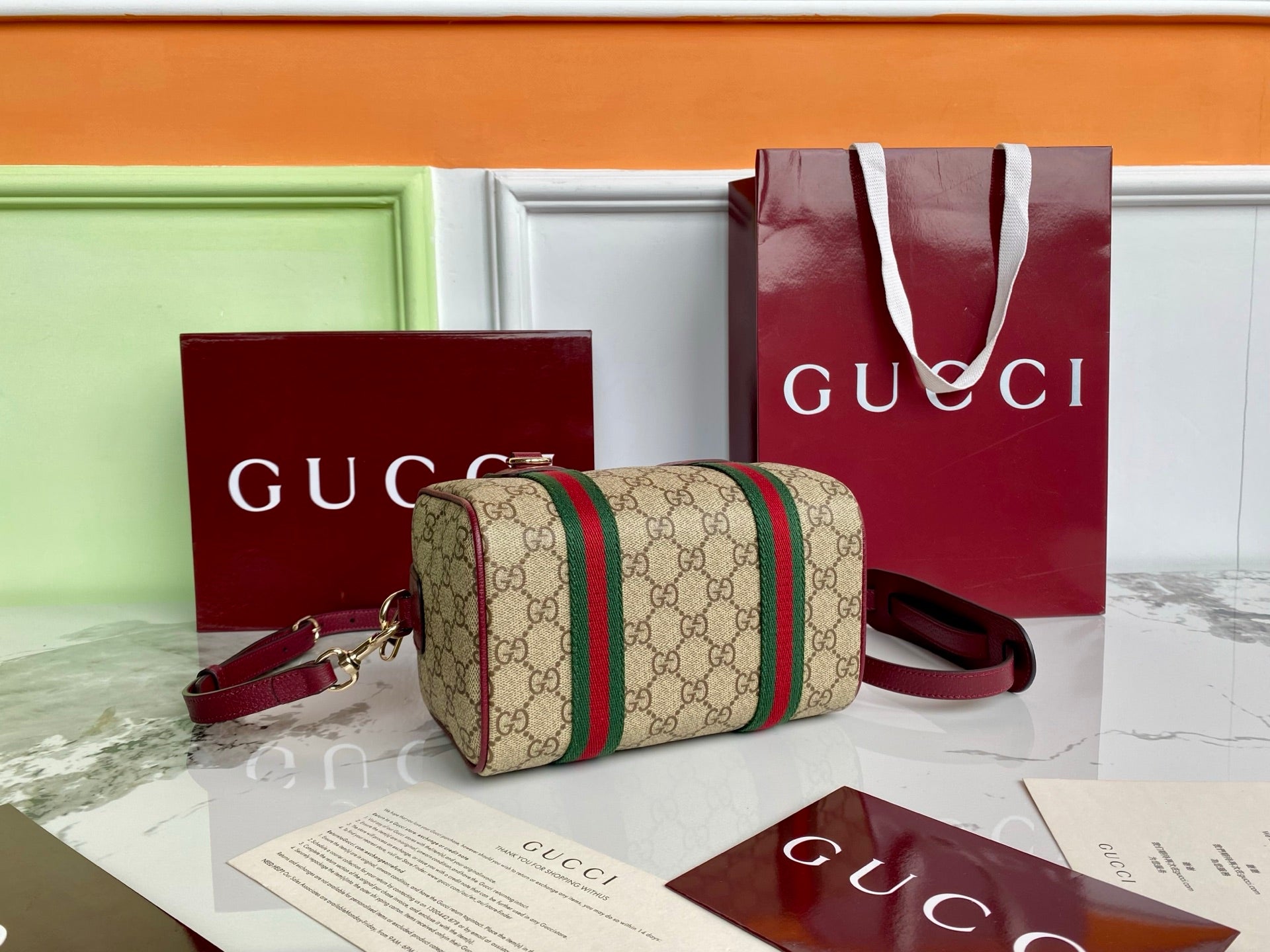 Gucci 25 GG Handbag Beige mix Rosso Ancora Red Canvas Leather 286710