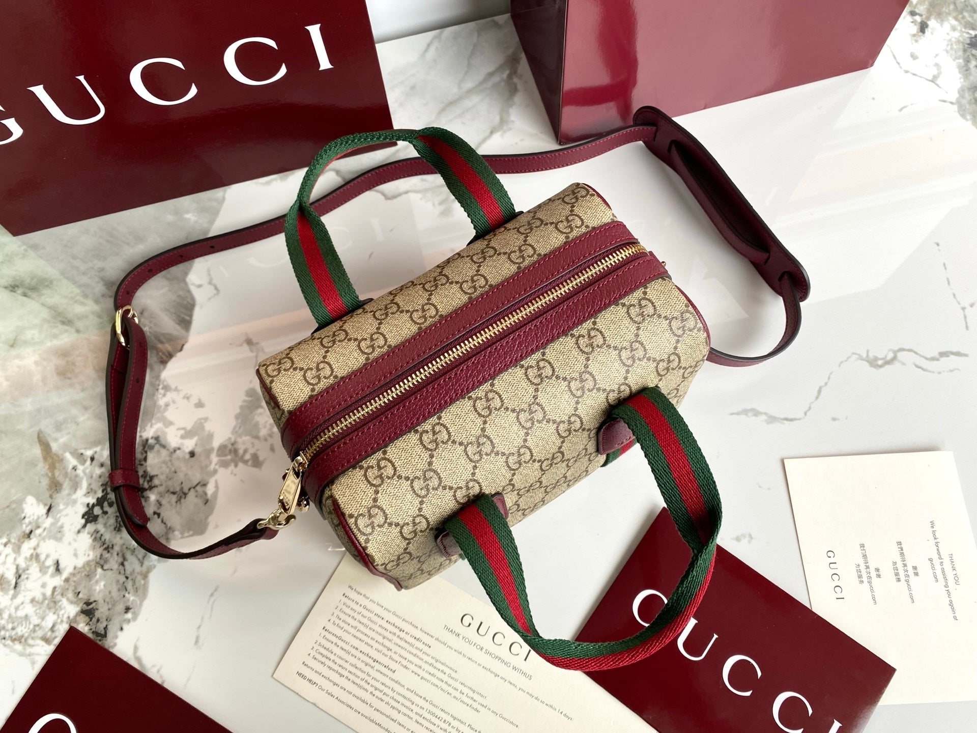Gucci 25 GG Handbag Beige mix Rosso Ancora Red Canvas Leather 286710