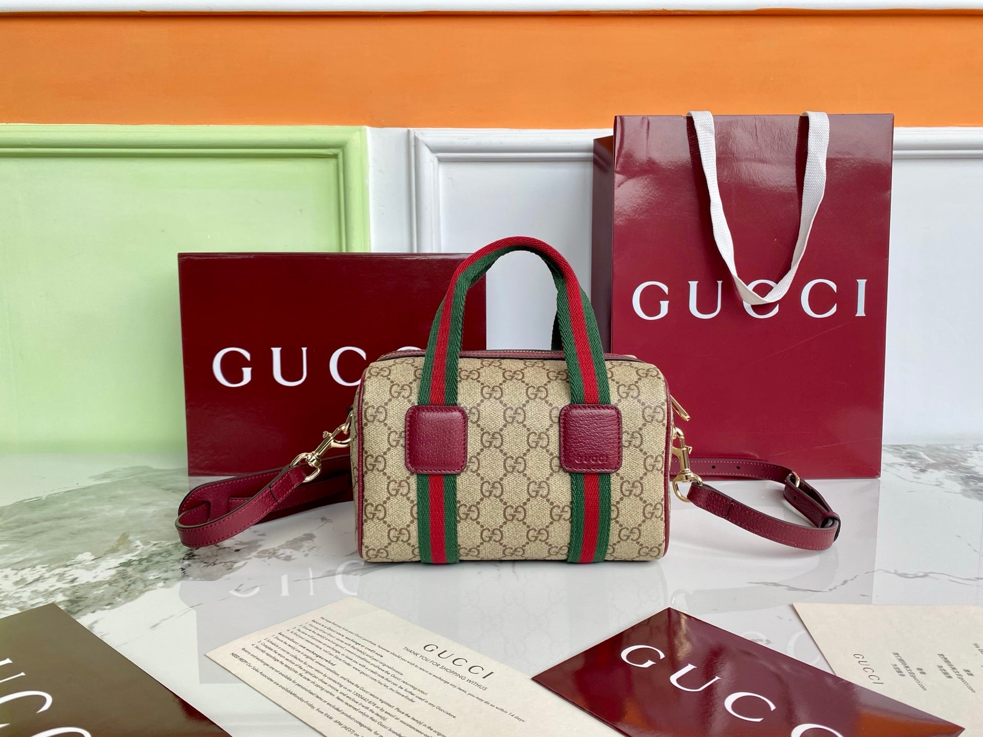 Gucci 25 GG Handbag Beige mix Rosso Ancora Red Canvas Leather 286710