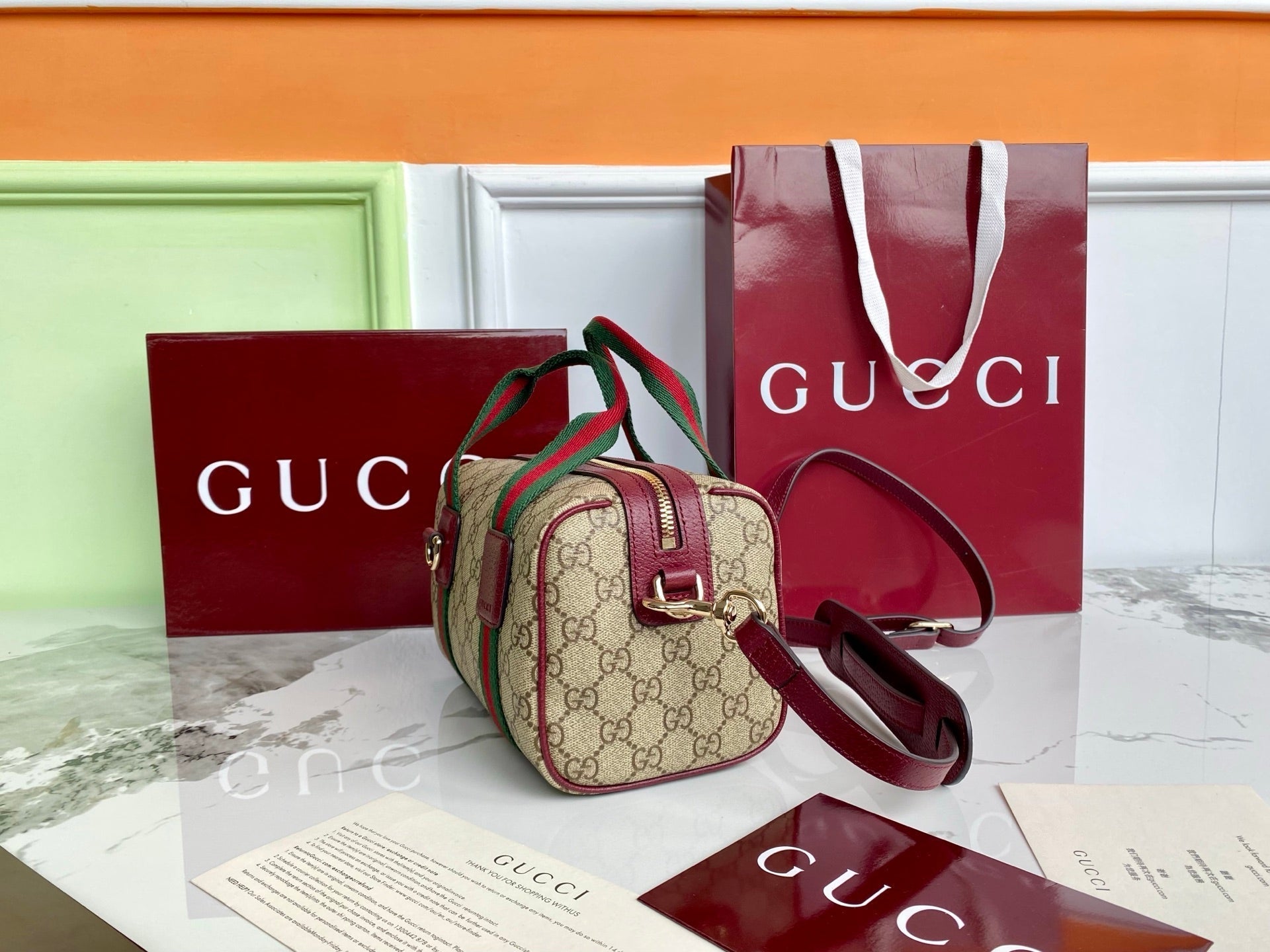 Gucci 25 GG Handbag Beige mix Rosso Ancora Red Canvas Leather 286710