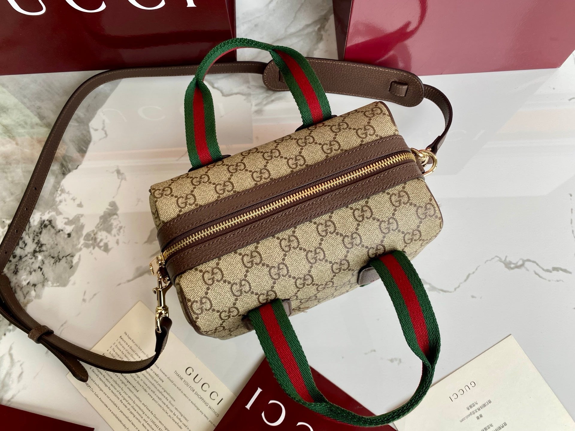 Gucci 25 GG Handbag Beige mix Dark Brown Canvas Leather 286711