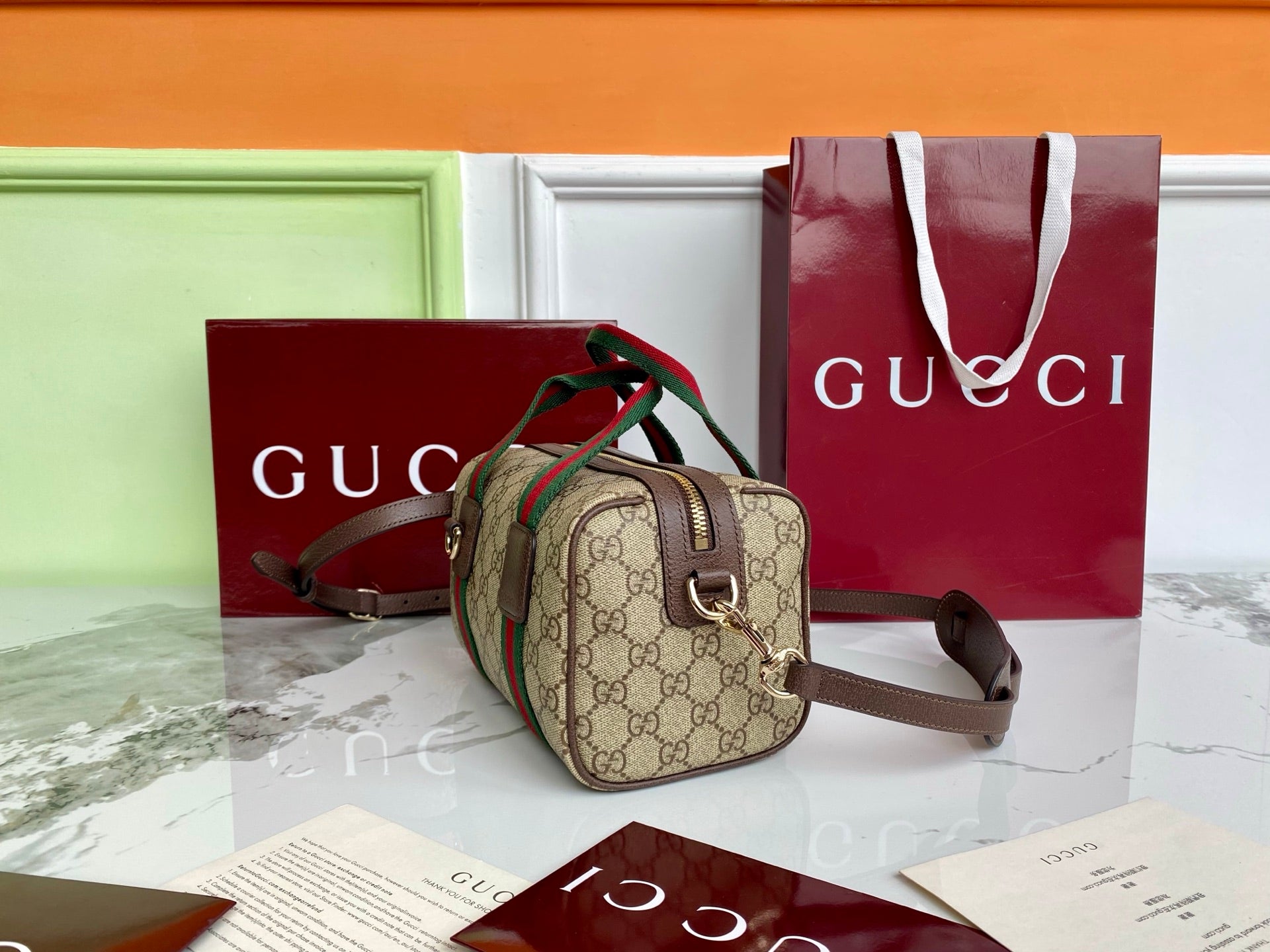 Gucci 25 GG Handbag Beige mix Dark Brown Canvas Leather 286711