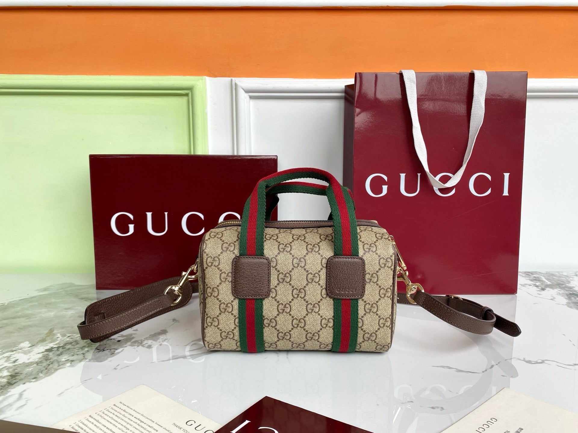 Gucci 25 GG Handbag Beige mix Dark Brown Canvas Leather 286711